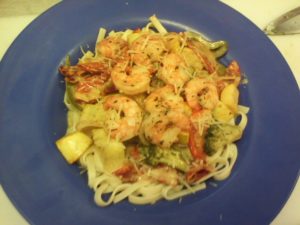 Plate of shrimp pasta provided by Cafe Gouda in Hickory NC.